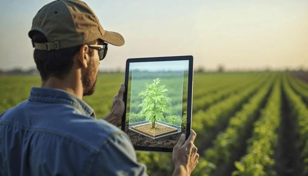 A man holding a tablet showing a plant, standing in a field